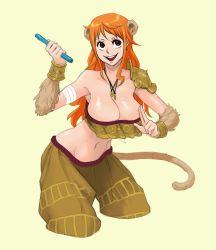 Rule 34 | absurdres, breasts, cosplay, highres, midriff, monkey, nami (one piece), one piece, red hair, resident drawfriend, smile, sun wukong (cosplay), tail