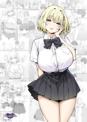 1girl arm_behind_back black_bow black_bowtie black_skirt blonde_hair bob_cut bow bowtie breast_pocket breasts brown_eyes collared_shirt comic_background commentary_request cowboy_shot grin hand_on_own_cheek hand_on_own_face highres himeko_(sky-freedom) joshi_kousei_rich_thots large_breasts long_hair looking_at_viewer mosaic_background pleated_skirt pocket school_uniform shirt shirt_tucked_in short_hair short_sleeves skirt sky-freedom smile solo standing thick_thighs thighs white_background