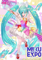 1girl :d aqua_hair armpits artist_name bukurote character_name choker commentary_request copyright_name copyright_notice detached_sleeves dress full_body green_eyes hair_between_eyes hair_ornament hairclip hatsune_miku hatsune_miku_expo heart heart_hair_ornament highres holding holding_microphone logo microphone official_art open_mouth puffy_short_sleeves puffy_sleeves puzzle_piece red_footwear short_sleeves smile socks star_(symbol) star_hair_ornament tongue toy_block vocaloid white_socks