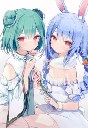 Rule 34 | 2girls, :/, absurdres, animal ear fluff, animal ears, bare shoulders, blue hair, braid, commentary, detached sleeves, don-chan (usada pekora), double bun, dress, feet out of frame, flat chest, flower, fur scarf, fusuma (ramunezake), green hair, hair bun, hair ornament, has bad revision, has downscaled revision, heart, heart-shaped pupils, highres, holding, holding flower, hololive, light smile, long hair, looking at viewer, md5 mismatch, multiple girls, pink flower, rabbit ears, red eyes, resolution mismatch, short eyebrows, short hair, short sleeves, simple background, sitting, source smaller, strapless, strapless dress, symbol-only commentary, symbol-shaped pupils, thick eyebrows, twin braids, twintails, uruha rushia, uruha rushia (1st costume), usada pekora, virtual youtuber, white background, white dress