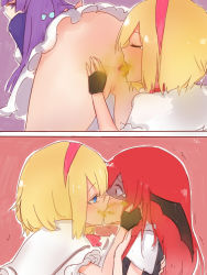 Rule 34 | 13o, 3girls, alice margatroid, anus, ass, fart, forced kiss, from below, kiss, koakuma, looking at another, multiple girls, no panties, patchouli knowledge, skirt, touhou, upskirt, what, white skirt, yuri