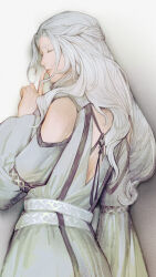 Rule 34 | 1girl, alternate costume, back cutout, braid, chinese commentary, closed eyes, clothing cutout, commentary request, dress, facing back, final fantasy, final fantasy xiv, finger to mouth, from behind, half updo, highres, index finger raised, kai guan jishi o, long hair, long sleeves, shoulder cutout, simple background, single braid, smile, solo, standing, upper body, venat (ff14), wavy hair, white background, white dress, white hair