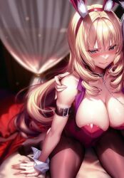 Rule 34 | 1girl, absurdres, animal ear fluff, animal ears, arm support, bare shoulders, blonde hair, blue eyes, blurry, blurry background, blush, breasts, chain, cleavage, closed mouth, collar, collarbone, curtains, fake animal ears, fingernails, hair ornament, hanikami kanojo, highres, indoors, large breasts, leotard, lips, long hair, looking at viewer, out of frame, pantyhose, piromizu, playboy bunny, rabbit ears, red leotard, scan, shoudou erena, simple background, sitting, sweatdrop, wariza, wrist cuffs