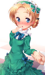 Rule 34 | 10s, 1girl, absurdres, black bow, blue bow, blue eyes, blush, bow, braid, commentary request, dress, formal, frilled hairband, frills, girls und panzer, green dress, green hairband, hair bow, hairband, hand grab, hand to own mouth, headdress, high collar, highres, kuzuryuu kennosuke, long dress, long sleeves, official alternate costume, orange hair, orange pekoe (girls und panzer), out of frame, parted bangs, partial commentary, pov, shadow, short hair, solo, solo focus, twin braids