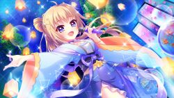 Rule 34 | 1girl, ahoge, bamboo, bamboo forest, blue kimono, blue sash, breasts, cleavage, constellation print, film grain, fish request, fish tank, forest, from below, game cg, hair bun, holding, holding microphone, itsumura haruka, izumi tsubasu, japanese clothes, kimono, lens flare, light brown hair, long hair, microphone, nature, night, night sky, non-web source, obi, object request, official art, outdoors, re:stage!, sash, single hair bun, sky, small breasts, solo, sparkle, star (sky), star (symbol), starry sky, tanabata, tanzaku