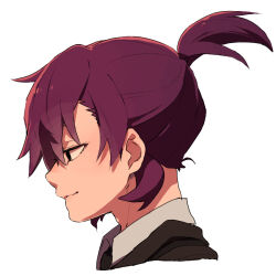 Rule 34 | 1boy, black eyes, black jacket, black necktie, closed mouth, collared shirt, commentary request, employee (project moon), ganeshia, jacket, lobotomy corporation, male focus, necktie, profile, project moon, purple hair, shirt, short ponytail, simple background, solo, white background, white shirt