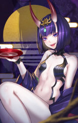Rule 34 | 1girl, alcohol, bare shoulders, bob cut, breasts, collarbone, cup, eyeliner, fate/grand order, fate (series), headpiece, highres, horns, japanese clothes, kimono, long sleeves, looking at viewer, makeup, navel, off shoulder, oni, open mouth, purple eyes, purple hair, purple kimono, re (re 09), revealing clothes, sakazuki, sake, short hair, shuten douji (fate), skin-covered horns, small breasts, smile, solo, wide sleeves