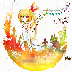 Rule 34 | 1girl, abstract, alternate wings, blonde hair, character name, dress, female focus, flandre scarlet, heart, red eyes, side ponytail, solo, standing, symbol-shaped pupils, terada tera, touhou, wings