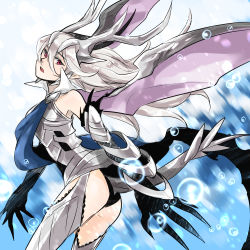 Rule 34 | 1girl, :o, armor, armored dress, ass, bare shoulders, black panties, bubble, cape, claws, corrin (female) (fire emblem), corrin (fire emblem), detached leggings, dragon girl, dragon horns, dragon tail, dragon wings, dress, fire emblem, fire emblem fates, gradient background, hair between eyes, hairband, horns, kano ko, long hair, looking at viewer, monster girl, nintendo, open mouth, panties, pink eyes, pointy ears, red eyes, silver hair, solo, tail, thighhighs, transformation, underwear, vambraces, water, wings