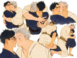 Rule 34 | 2boys, akaashi keiji, barefoot, black hair, blue kimono, bokuto koutarou, brown eyes, chengongzi123, closed eyes, colored eyelashes, cropped torso, facing another, full body, glasses, grey hair, haikyuu!!, hand on another&#039;s face, highres, hug, japanese clothes, kimono, kiss, long sleeves, looking at another, loving aura, male focus, multiple boys, multiple views, short hair, simple background, sitting, thick eyebrows, upper body, very short hair, white background, wide sleeves, yaoi, yukata