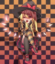 Rule 34 | 1girl, alternate costume, asymmetrical legwear, black gloves, black hat, black skirt, black thighhighs, blonde hair, bow, checkered background, commentary request, crossed legs, elbow gloves, fangs, flandre scarlet, frilled skirt, frills, full body, gloves, hair between eyes, halloween costume, hat, hat bow, head rest, high heels, long hair, looking at viewer, mismatched legwear, open mouth, red bow, red eyes, red footwear, red skirt, shamo (koumakantv), shoes, side ponytail, sitting, skirt, smile, solo, striped clothes, striped thighhighs, thighhighs, touhou, wings, witch hat