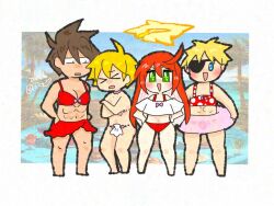 Rule 34 | 1girl, 3boys, abs, ahoge, bikini, blonde hair, blue eyes, brown hair, crop top, green eyes, guilty gear, guilty gear strive, halo, ky kiske, multicolored hair, multiple boys, red bikini, red hair, shell, shell bikini, sin kiske, sol badguy, spiked halo, swimsuit, two-tone hair, white hair, zashikialice