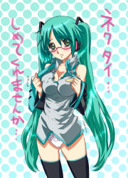 Rule 34 | 1girl, aqua hair, bespectacled, black thighhighs, blush, breasts, cleavage, detached sleeves, glasses, green eyes, hatsune miku, headset, highres, long hair, medium breasts, nagy, necktie, panties, polka dot, solo, thighhighs, translated, twintails, underwear, undressing, vocaloid, white panties