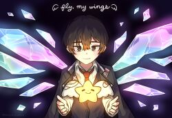 Rule 34 | 1boy, absurdres, bandages, bandaid, black coat, black eyes, black hair, black vest, coat, coat on shoulders, collared shirt, commentary, english commentary, english text, feathered wings, glowing, hair between eyes, highres, hirayacreates, limbus company, mili (band), necktie, open clothes, open coat, project moon, red necktie, shards, shirt, short hair, smile, solo, star (symbol), twitter username, vest, white shirt, wings, yi sang (project moon)