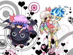 Rule 34 | 1boy, 1other, 2girls, abstract background, barefoot, bat wings, blonde hair, blue hair, blush, bodypaint, bow, carrying, character request, chibi, crossover, demon wings, discharge cycle, facing viewer, fang, felden, fernandez, flaming hair, flandre scarlet, full body, galaxy fight, hand on own hip, happy, hat, heart, held up, lying, m.u.g.e.n, mob cap, multiple crossover, multiple girls, on animal, on stomach, pink headwear, red bow, red eyes, red footwear, red skirt, red vest, remilia scarlet, short hair, short sleeves, sitting on animal, skirt, skirt set, smile, standing, sunsoft, tobi (discharge cycle), touhou, vampire, vest, waku waku 7, wings