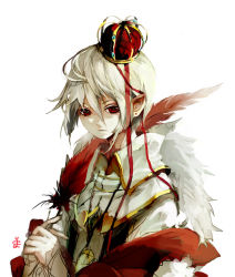 Rule 34 | 1boy, crown, feathers, inpells, male focus, original, pointy ears, red eyes, ribbon, simple background, solo, white background, white hair