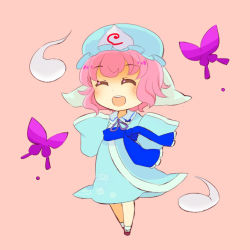 Rule 34 | 1girl, bad id, bad pixiv id, bug, butterfly, chibi, closed eyes, female focus, full body, ghost, hat, hitodama, hovering kousin, insect, japanese clothes, pink hair, saigyouji yuyuko, simple background, solo, touhou