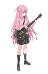 Rule 34 | 1girl, 2t (vmyz7342), black skirt, black socks, blue eyes, bocchi the rock!, commentary request, cube hair ornament, electric guitar, full body, gibson les paul, gotoh hitori, guitar, hair ornament, highres, instrument, jacket, kneehighs, loafers, long hair, music, one side up, parted lips, pink hair, pink jacket, plaid, plaid skirt, playing instrument, shadow, shoes, skirt, socks, solo, track jacket, white background