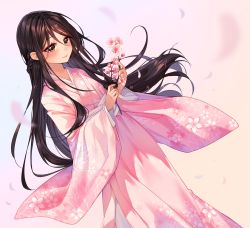 Rule 34 | 1girl, artist name, black hair, blush, borrowed character, braid, brown eyes, closed mouth, commentary, commission, dutch angle, english commentary, feet out of frame, floral print, flower, french braid, holding, holding flower, hyanna-natsu, japanese clothes, kimono, long hair, long sleeves, obi, original, petals, pink background, pink flower, pink kimono, print kimono, sash, sidelocks, simple background, smile, solo, standing, very long hair, wide sleeves