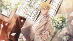 Rule 34 | 1boy, blonde hair, blue eyes, blurry, blurry background, bouquet, commentary, falling petals, flower, foreshortening, formal, glint, groom, highres, holding, holding bouquet, indoors, jacket, jewelry, kagamine len, lens flare, looking at viewer, male focus, pants, petals, pink flower, podium, reaching, reaching towards viewer, ring, sera suilen2036, short ponytail, sparkle, spiked hair, suit, sunlight, upper body, vest, vocaloid, wedding, white flower, white jacket, white neckwear, white pants, white suit, white vest