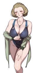 Rule 34 | 1girl, absurdres, bare shoulders, black one-piece swimsuit, blush, bob cut, breasts, brown eyes, brown hair, cameltoe, cleavage, cleft of venus, clothes pull, cloudy rain4, coat, collarbone, competition swimsuit, covered navel, eyelashes, eyeliner, eyeshadow, female focus, fire emblem, fire emblem: three houses, green coat, green trim, hand on own thigh, highres, huge breasts, intelligent systems, jewelry, lips, lipstick, makeup, manuela casagranda, matching hair/eyes, mature female, mole, mole under eye, nail polish, neck whistle, necklace, nintendo, one-piece swimsuit, one-piece swimsuit pull, open clothes, open coat, orange eyeshadow, orange lips, pink nails, png conversion, shiny clothes, shiny skin, short hair, smile, solo, swept bangs, swimsuit, tagme, thick thighs, thighs, whistle, white background, white trim, wide hips, yellow trim