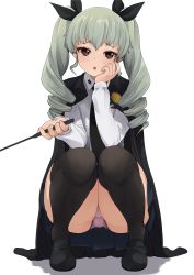 Rule 34 | 1girl, alternate legwear, anchovy (girls und panzer), anzio school uniform, black cape, black footwear, black necktie, black ribbon, black skirt, black thighhighs, brown eyes, cape, commentary, crotch seam, dress shirt, drill hair, frown, full body, girls und panzer, green hair, grey panties, hair ribbon, head rest, highres, holding, kakimoto nao, loafers, long hair, long sleeves, looking at viewer, miniskirt, necktie, open mouth, panties, pantyshot, pleated skirt, red eyes, ribbon, riding crop, school uniform, shadow, shirt, shoes, skirt, solo, squatting, textless version, thighhighs, twin drills, twintails, underwear, white shirt, wing collar