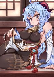 Rule 34 | 1girl, ahoge, arm support, armpit hair, bare shoulders, blue hair, blush, bodysuit, breasts, brown eyes, bulge, chinese knot, closed mouth, clothes, clothes lift, cowbell, curvy, detached sleeves, dress, dress lift, futanari, ganyu (genshin impact), genshin impact, highres, horns, large breasts, lemon snail, long hair, looking at viewer, nipples, sideboob, sidelocks, skin tight, solo, solo focus, thick thighs, thighs, very long hair, vision (genshin impact), wide hips