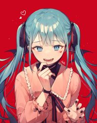 Rule 34 | 1girl, absurdres, aqua eyes, aqua hair, azit (down), black nails, black ribbon, blunt bangs, commentary request, ear piercing, earrings, fangs, finger to own chin, frills, hair ornament, hair ribbon, hands up, hatsune miku, heart, heart hair ornament, heart tattoo, highres, jewelry, long hair, long sleeves, looking at viewer, mask, mask pull, mini wings, mouth mask, nail polish, neck ribbon, open mouth, piercing, pink shirt, puffy long sleeves, puffy sleeves, red background, ribbon, ring, shirt, signature, simple background, smile, solo, tattoo, teeth, twintails, upper body, vampire (vocaloid), vocaloid, watch, wings, wristwatch