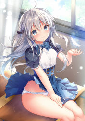 Rule 34 | 1girl, ahoge, bare legs, blue bow, blue bowtie, blue eyes, blue skirt, blurry, blurry background, blush, bow, bowtie, breasts, classroom, closed mouth, clothes lift, collared shirt, desk, dress, feathers, hand up, high-waist skirt, highres, indoors, kino (kino konomi), lens flare, light particles, long hair, looking at viewer, on desk, original, panties, pantyshot, pleated skirt, puffy short sleeves, puffy sleeves, school desk, shirt, short sleeves, silver hair, sitting, skirt, skirt lift, small breasts, smile, solo, thighs, underbust, underwear, white feathers, white panties, wind, wind lift, window