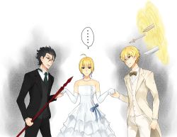 Rule 34 | ..., 1girl, 2boys, ahoge, artoria pendragon (all), artoria pendragon (fate), bare shoulders, blonde hair, bow, bowtie, diarmuid ua duibhne (lancer) (fate), dress, elbow gloves, expressionless, fate/zero, fate (series), formal, gae dearg (fate), gate of babylon (fate), gilgamesh (fate), gloves, green eyes, jewelry, lazytime7, mole, mole under eye, multiple boys, necklace, polearm, red eyes, saber (fate), spear, strapless, strapless dress, suit, sword, traditional bowtie, tuxedo, weapon