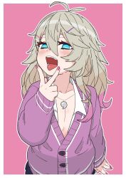Rule 34 | 1girl, akichi 360, antenna hair, arm at side, blue eyes, border, brown hair, cardigan, collared shirt, cunnilingus gesture, flat chest, hair between eyes, hair ornament, hairclip, highres, indie virtual youtuber, jewelry, kasukabe tsukushi, long hair, long sleeves, looking at viewer, magatama, magatama necklace, necklace, open clothes, open mouth, open shirt, outline, pink background, pink nails, purple cardigan, shirt, simple background, solo, tongue, tongue out, upper body, v over mouth, virtual youtuber, white border, white outline
