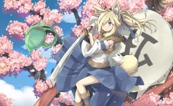 Rule 34 | 1girl, :&lt;, absurdres, ahoge, animal ear fluff, animal ears, bare shoulders, blonde hair, blue eyes, blue skirt, blue sky, boots, brown footwear, cherry blossoms, cloud, cloudy sky, day, detached sleeves, fox ears, fox girl, fox tail, fur-trimmed shirt, fur trim, hair over one eye, hair over shoulder, highres, hinbackc, holding, holding sword, holding weapon, katana, long hair, long skirt, long sleeves, original, outdoors, pleated skirt, ponytail, scenery, shirt, signature, skirt, sky, solo, sword, tail, tail raised, weapon, white shirt, white sleeves, wide sleeves