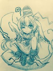 Rule 34 | 1girl, arm up, boots, commentary request, detached sleeves, efukei, full body, hair between eyes, hat, highres, long hair, long sleeves, looking at viewer, monochrome, mononobe no futo, one-hour drawing challenge, one eye closed, pom pom (clothes), ribbon-trimmed sleeves, ribbon trim, scratching head, sidelocks, sitting, solo, squiggle, sweat, tate eboshi, touhou, traditional media, wavy mouth, wide sleeves