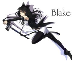 Rule 34 | 1girl, ankle boots, black footwear, black hair, blake belladonna, boots, bow, character name, hair bow, leg up, pantyhose under shorts, long hair, looking at viewer, mate@juken, pantyhose, pantyhose under shorts, parted lips, rwby, shorts, solo, sword, weapon, yellow eyes