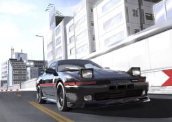 Rule 34 | car, cloud, commentary, commission, english commentary, highres, motor vehicle, no humans, original, real world location, reflection, sei illustrations, shadow, sky, sports car, tokyo (city), toyota, toyota supra, toyota supra mk iii, vehicle focus