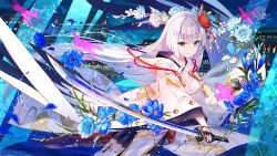 Rule 34 | 1girl, aircraft, airplane, architecture, azur lane, black gloves, blue eyes, blue flower, cityscape, closed mouth, east asian architecture, evening, flight deck, floating hair, flower, fuzichoco, gloves, gold trim, hair flower, hair ornament, holding, holding sword, holding weapon, hood, hood down, hooded kimono, japanese clothes, katana, kimono, long hair, looking at viewer, mole, mole under eye, official art, outdoors, partially fingerless gloves, petals, pleated skirt, rigging, shoukaku (azur lane), sidelocks, skirt, solo, splashing, sword, tassel, thighhighs, tsurime, unsheathed, very long hair, water, weapon, white hair, white thighhighs, wind