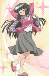 Rule 34 | 1girl, arms behind head, blush, closed eyes, closed mouth, dot nose, dress, green hair, hidamari sketch, highres, long hair, long sleeve shirt, pink slippers, scarf, slippers, socks, solo, sparkle, standing, standing on one leg, star (symbol), stitched, third-party edit, yellow socks, yoshinoya (hidamari sketch)