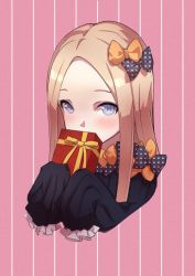 Rule 34 | 1girl, abigail williams (fate), black bow, black sweater, blonde hair, blue eyes, blush, bow, box, cropped torso, fate/grand order, fate (series), frilled sleeves, frills, gift, gift box, hair bow, highres, holding, holding box, kani loreley, long hair, long sleeves, orange bow, parted bangs, pink background, polka dot, polka dot bow, sleeves past fingers, sleeves past wrists, solo, straight hair, striped background, sweater, valentine, vertical-striped background