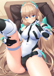 Rule 34 | 1girl, angela balzac, armor, black gloves, black socks, blonde hair, blue eyes, blush, bodysuit, breasts, closed mouth, couch, covered collarbone, covered navel, elbow gloves, embarrassed, ese shinshi, faulds, from above, gloves, greaves, hair between eyes, halterneck, hand in own hair, hand on own thigh, headgear, indoors, kneehighs, kneepits, leotard, light smile, long hair, looking at viewer, low twintails, lying, medium breasts, neon trim, on back, on couch, rakuen tsuihou, ribbed legwear, skin tight, skindentation, socks, solo, spread legs, sweatdrop, thigh strap, thighs, tsurime, twintails, very long hair, white leotard