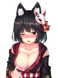 Rule 34 | 1girl, animal ear fluff, animal ears, azur lane, black hair, black kimono, blunt bangs, blush, breasts, cat ears, cat mask, collarbone, fang, fox mask, hair ornament, highres, japanese clothes, karo-chan, kimono, kimono pull, large breasts, looking at viewer, mask, mask on head, medium hair, nipples, no bra, one breast out, one eye closed, print kimono, red eyes, solo, straight hair, thick eyebrows, upper body, white background, wide sleeves, yamashiro (azur lane)
