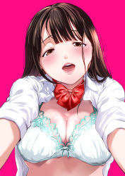 Rule 34 | 1girl, absurdres, blush, bra, breasts, brown hair, cleavage, highres, lips, open mouth, school uniform, solo, sushijjiro, underwear
