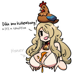 Rule 34 | 1girl, animal, animal on head, bare arms, bare shoulders, bikini, bird, blonde hair, breast hold, breasts, chick on head, chicken, cleavage, cowbell, cowlick, cropped torso, english text, female focus, food, food on body, hair over one eye, hard-translated, highres, honey, large breasts, long hair, looking at viewer, mole, mole under eye, murgoten, no nose, no sclera, on head, open mouth, presenting bra, simple background, smile, solo, stella (murgoten), swedish text, swimsuit, tareme, third-party edit, upper body, white background