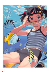 Rule 34 | 1girl, air bubble, bikini, black eyes, black hair, breath, bubble, child, crotch, diving, diving mask, fish, flat chest, flippers, freediving, goggles, highres, holding breath, original, short hair, smile, snorkel, solo, swimsuit, takamichi, tank top, tankini, underwater