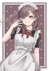Rule 34 | 1girl, absurdres, apron, arm at side, black dress, blush, border, bow, braid, brown background, brown border, brown eyes, character name, closed mouth, collared dress, commentary, cream, dress, food, food on face, food on hand, framed, frilled apron, frills, fuyutsuki11, hair ribbon, hand up, highres, low twintails, maid, maid apron, maid day, maid headdress, medium hair, minna de enjoy! spojoy park (project sekai), outside border, project sekai, red bow, red ribbon, ribbon, shinonome ena, short sleeves, single braid, smile, solo, swept bangs, tongue, tongue out, twintails, upper body, weapon, white apron, white border