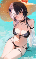 1girl absurdres alternate_costume artist_name bikini black_bikini black_hair blush breasts cleavage commentary detached_sleeves front-tie_bikini_top front-tie_top hat head_tilt highres hololive hololive_english large_breasts leg_ribbon medium_hair multicolored_hair navel ocean one_eye_closed ribbon see-through see-through_sleeves shiori_novella side-tie_bikini_bottom sitting smile solo split-color_hair stomach straw_hat streaked_hair swimsuit symbol-only_commentary thigh_ribbon virtual_youtuber white_hair yellow_eyes zakimpo