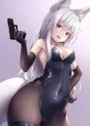 Rule 34 | animal ear fluff, animal ears, black gloves, black leotard, black pantyhose, breasts, commentary request, elbow gloves, fox ears, fox girl, fox tail, glock, gloves, gun, hair between eyes, hand on own hip, handgun, leotard, looking at viewer, open mouth, original, pantyhose, playboy bunny, red eyes, small breasts, tail, weapon, white hair, yuki kawachi