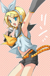 Rule 34 | 1girl, :d, arm up, arm warmers, armpits, ascot, belt, black shorts, blonde hair, blue eyes, bow, cowboy shot, detached sleeves, from side, hair bow, hair ornament, hairclip, headphones, holding, holding microphone, kagamine rin, looking at viewer, microphone, miyabi juri, navel, open mouth, polka dot, polka dot background, ribbon, sailor collar, short hair, shorts, sleeveless, smile, solo, stomach, swept bangs, tattoo, treble clef, vocaloid, white bow, yellow ribbon