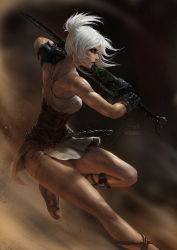 Rule 34 | 1girl, alternate costume, armor, bare shoulders, blurry, blurry background, brown eyes, chain, closed mouth, corset, dirty, dirty clothes, dirty face, fighting stance, folded ponytail, gloves, highres, holding, holding sword, holding weapon, league of legends, leather footwear, lips, profile, raikoart, revision, riven (league of legends), short hair, shoulder armor, signature, solo, sword, watermark, weapon, white hair