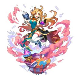 Rule 34 | 1girl, bare shoulders, blonde hair, blush, book, bookshelf, breasts, cleavage, crack, dragalia lost, earrings, explosion, flask, full body, holding, holding book, jewelry, jumping, long hair, medium breasts, non-web source, official art, open mouth, potion, red eyes, saitou naoki, scared, sinoa, sleeveless, solo, thighhighs, transparent background, vial, watch