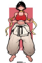 Rule 34 | 1girl, 2024, artist name, baggy pants, bare shoulders, barefoot, belt, black belt, black hair, border, breasts, choker, cleavage, clenched hands, collarbone, commentary, dougi, english commentary, feet, fighting stance, ginseng (xin), glaring, highres, karate gi, looking at viewer, makoto (street fighter), martial arts belt, medium breasts, medium hair, midriff, pants, puffy pants, red background, red sports bra, signature, solo, sports bra, street fighter, street fighter iv (series), tomboy, toned, white background, white border, yellow choker